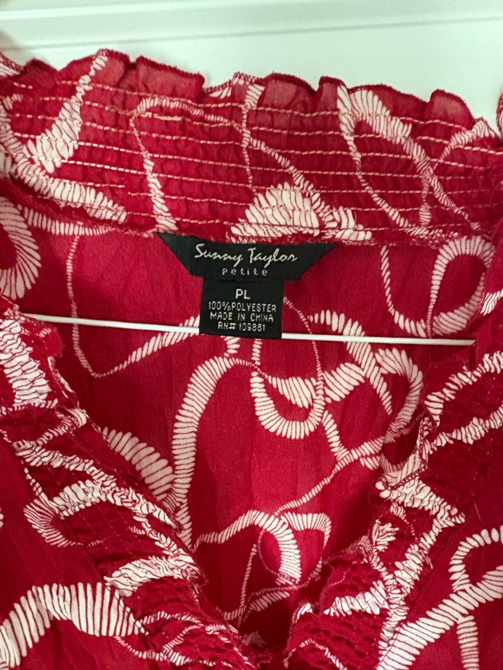 Sunny Taylor Red & White Petite Shirred Neck Printed Long Sleeve Top
